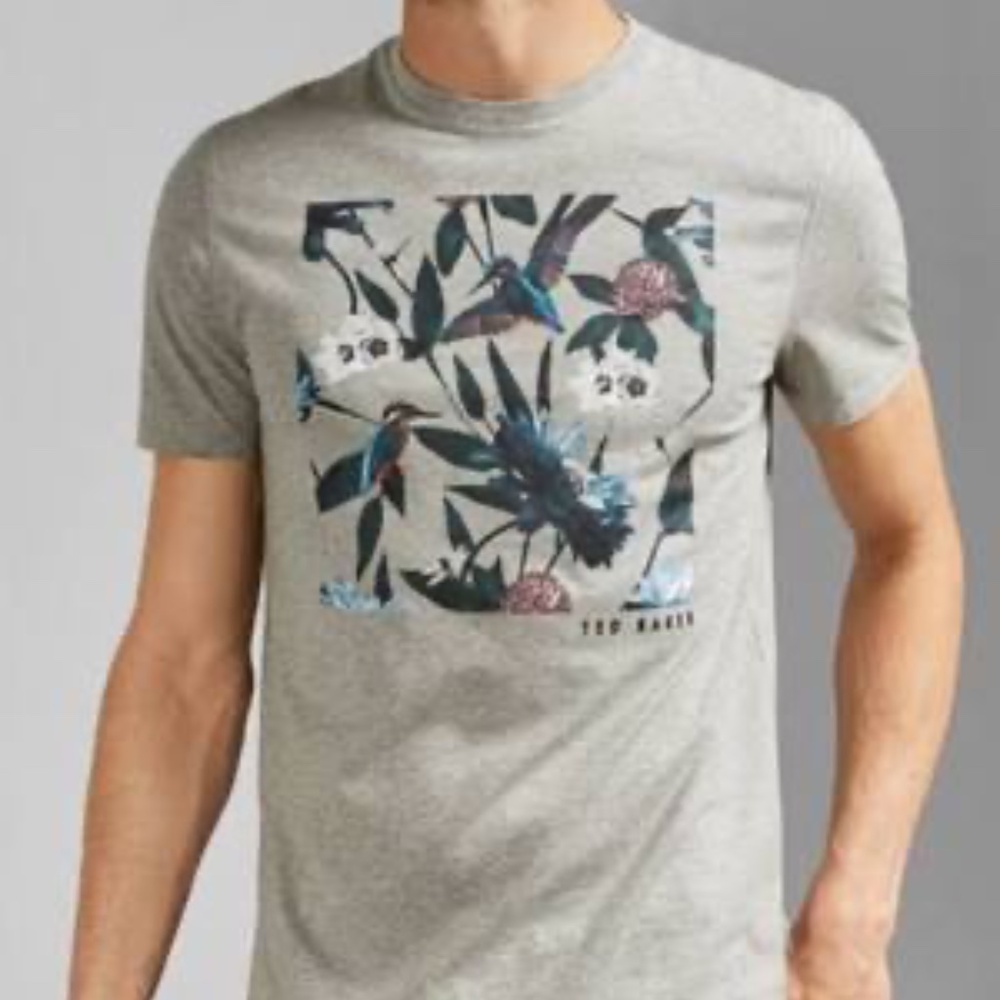 Ted Baker Gray Floral Botanical Print T-Shirt Mens Size 5 XL Hummingbirds Floral